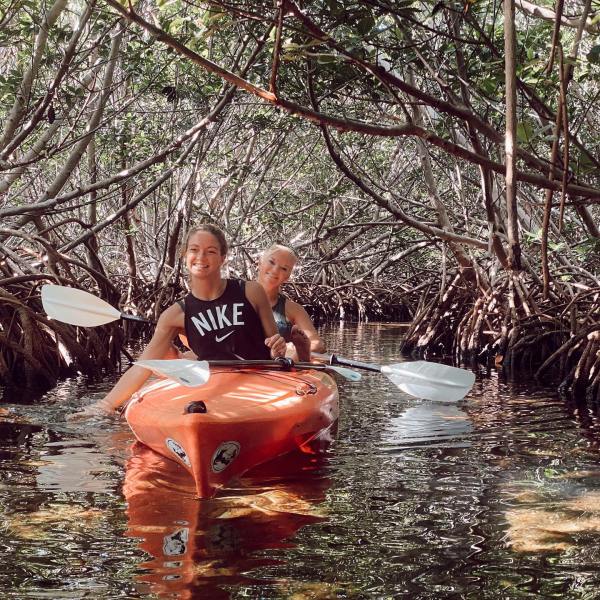 a person kayaking in mangroves