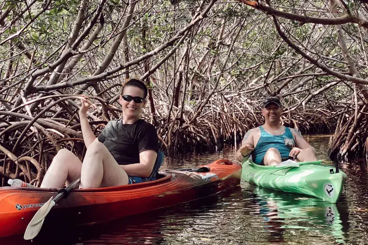 a man and a woman kayaking in mangroves